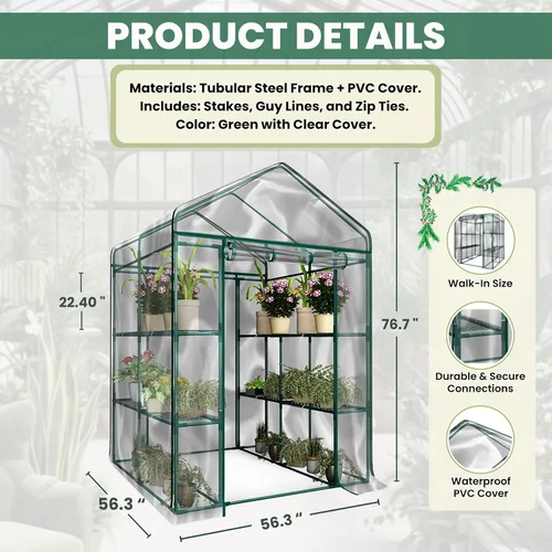 Miniatura 4 de Invernadero - Invernadero de entrada con 8 estantes resistentes y cubierta de PVC para uso en interior o exterior - 56 x 56 x 76 pulgadas Casa Verde