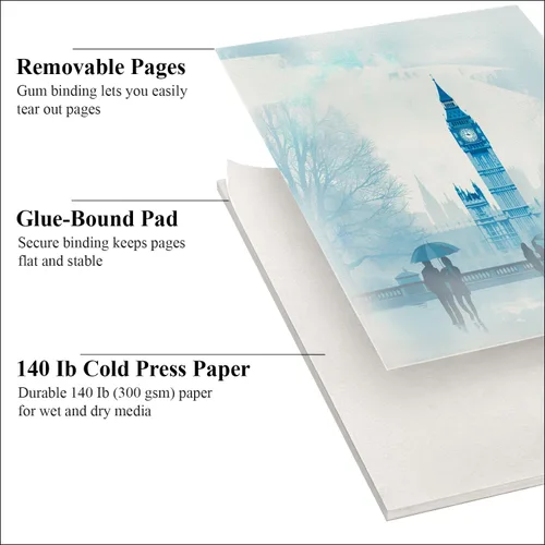 Miniatura 3 de Almohadilla de papel para acuarela, almohadilla de acuarela 9x12”, 300 g/m²/ 140 lb papel de acuarela, 16 hojas prensado en frío - Pintura, dibujo
