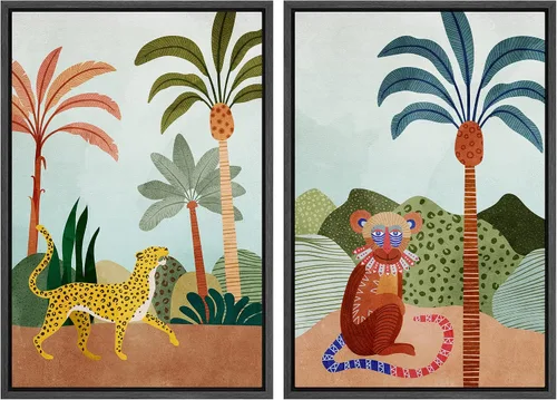 Miniatura 10 de IDEA4WALL - Set de lienzos enmarcados para pared, diseño tropical, selva, hoja de plátano, guepardo rosa, gato, naturaleza, desierto, arte digital