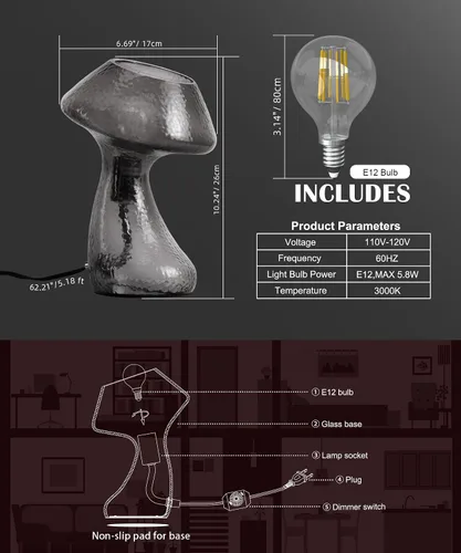 Miniatura 3 de V06 - Lámpara de mesa vintage con forma de hongo, lámparas de mesita de noche regulables con vidrio transparente, lámpara de noche negra retro