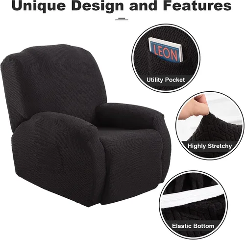 Miniatura 4 de ele ELEOPTION Fundas reclinables de 4 piezas con bolsillo lateral, antideslizante, ajustable, protector de muebles con parte inferior elástica Negro