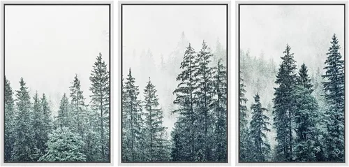 Miniatura 7 de SIGNWIN - 3 cuadros en lienzo enmarcados, modernos, elegantes, de textura de grano, pinos de montaña con niebla y naturaleza silvestre para sala