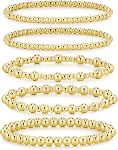 Miniatura 7 de adoyi - Pulseras de oro para mujer, impermeables, con cuentas de bolas chapadas en oro de 14K, pulseras ajustables apilables para regalos