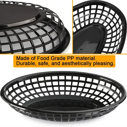Miniatura 4 de Paquete de 50 cestas de plástico negro para alimentos de 9 x 5.7 pulgadas, ovaladas para freír comida rápida, cestas de plástico para perros