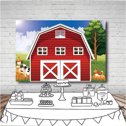 Miniatura 3 de Telón de fondo de fotografía de granja de dibujos animados de 7 x 5 pies, animales rústicos, granero rojo, fondo de fotos para niños, decoración