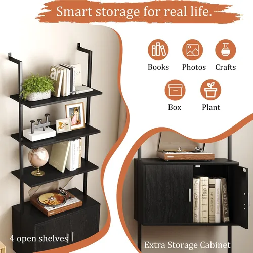 Miniatura 7 de Yusong Estantería alta de 73" con gabinete, estantería tipo escalera para montaje en pared con marco de madera y metal, estantería para plantas