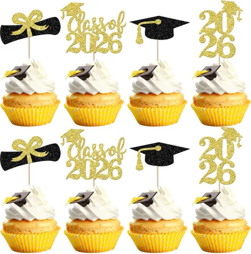 Miniatura 40 de Paquete de 24 adornos para cupcakes de clase 2025 con purpurina 2025 para diploma de graduación 2025 para cupcakes temáticos de graduación 2025