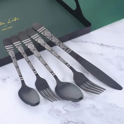Miniatura 3 de Christmas Gift Black Hammered Flatware Sets for 4, 20 Pieces Unique Pattern Design Stainless Steel Cutlery Silverware Set Includes Dinner