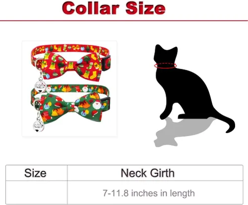 Miniatura 2 de Paquete de 2 collares navideños para gatos con pajarita y campana, collares de gatito con corbatín de seguridad, rojo y verde