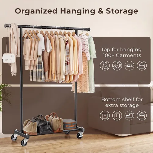 Miniatura 6 de Perchero para colgar ropa, 45 pulgadas de ancho, perchero de metal con ruedas, perchero portátil para dormitorio, lavandería, color negro