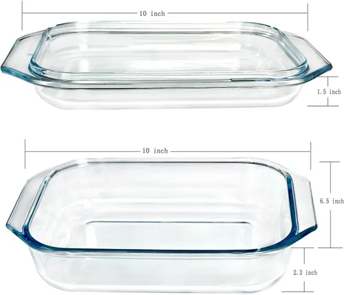 Miniatura 3 de Cacerola de vidrio templado de 1.4 cuartos de galón con tapa, cazuela rectangular de vidrio transparente con tapa de vidrio