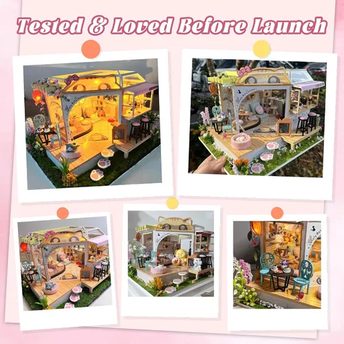 Miniatura 5 de Flever Kit de casa de muñecas en miniatura para bricolaje, habitación creativa con muebles para regalo romántico de San Valentín (Cat Cafe Garden)
