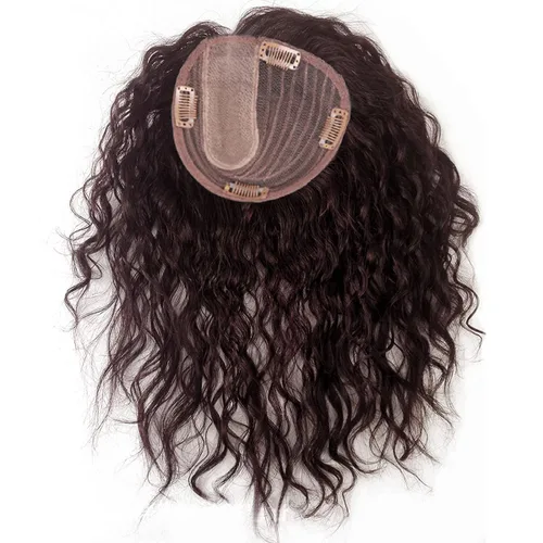Miniatura 2 de Tope de cabello humano rizado natural para mujer, extensiones de pelo con clip, 5.1 x 5.5 in, parte superior de cabello sedoso, parte superior