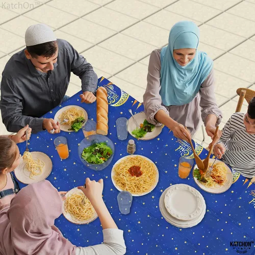 Miniatura 7 de KatchOn, Blue Eid Mubarak Mantel de 108 x 54 pulgadas, paquete de 3 manteles de Eid Mubarak para decoraciones de Eid para el hogar Decoraciones