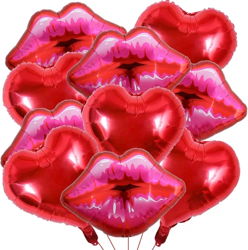 Miniatura 9 de Paquete de 10 globos grandes de labios rojos y rosados, globos de corazón para decoración de fiestas temáticas de maquillaje, aniversario, Kiss the