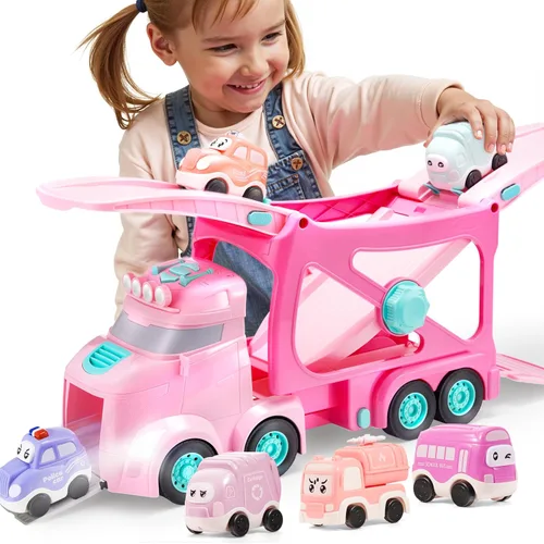 Miniatura 10 de Vroomix Camiones de Juguete Extra Grandes para Niños Pequeños, Camiones de Ciudad de 3 Niveles para Niños, Camión Transportador Grande 7 en 1
