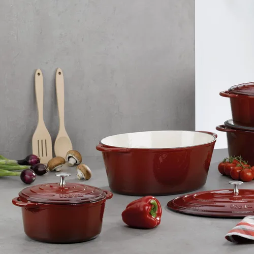 Miniatura 11 de kela Hierro fundido esmaltado para horno holandés con tapa y mango de acero inoxidable, alta retención de calor, 4 cuartos de galón, color rojo