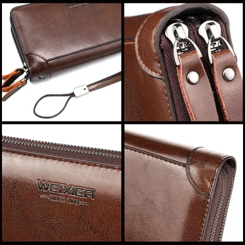 Miniatura 6 de Bolso de mano para hombre bolso de cuero genuino con cremallera cartera larga para negocios bolso de mano grande