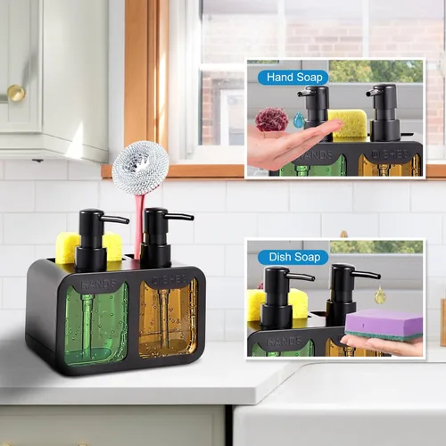 Miniatura 4 de Juego de dispensador de jabón de cocina, con jabón de manos y platos, organizador de esponja y soporte para cepillo 4 en 1, dispensador de jabón