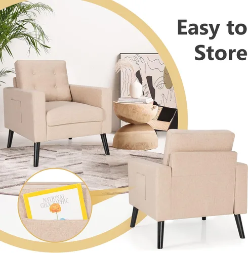Miniatura 8 de Giantex Silla decorativa moderna, sillón tapizado de mediados de siglo con patas de madera de goma, tela de lino patentada, sofá individual