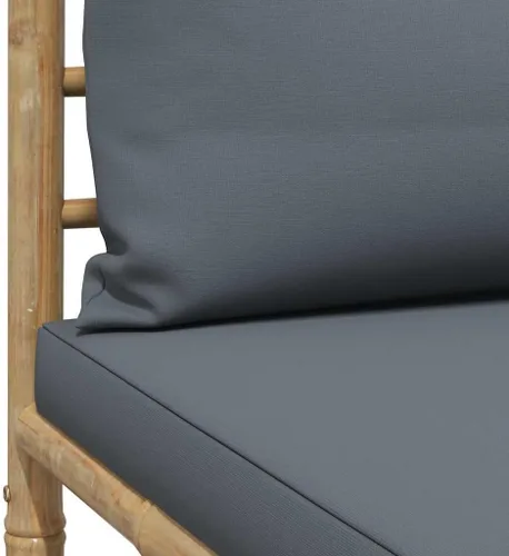 Miniatura 8 de vidaXL Juego de sala de patio de 3 piezas con elegantes cojines gris oscuro, muebles de exterior de bambú, sofá medio, reposapiés, mesa auxiliar