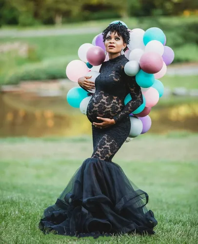 Miniatura 2 de ZIUMUDY Elegante vestido de maternidad transparente de encaje para sesión de fotos manga larga tul tutus vestido maxi de accesorios para fotos