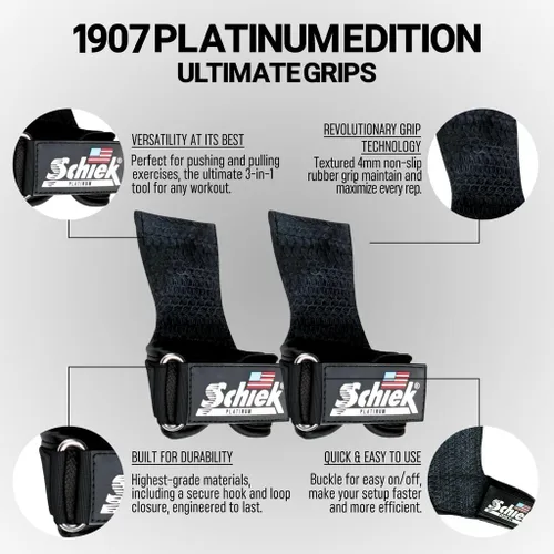 Miniatura 4 de Schiek Sports Model 1907 Platinum Edition Ultimate Grips - Correas de levantamiento de pesas 3 en 1, muñequeras y almohadillas de agarre, control