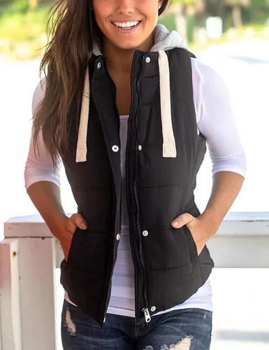 Miniatura 4 de Chaleco Yeokou acolchado para mujer, para invierno, con capucha extraíble, sin mangas y entallado