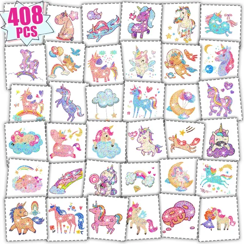 Partywind Tatuajes temporales con purpurina de 204 estilos para niños y niñas, 34 hojas perforadas de tatuajes para niñas, suministros de fiesta,
