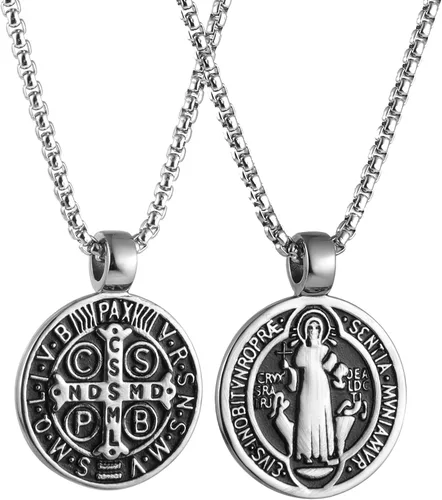 Miniatura 3 de AsAlways Collar con colgante de exorcismo de San Benito para hombre de acero inoxidable con cruz católica romana protección de demonios cazador