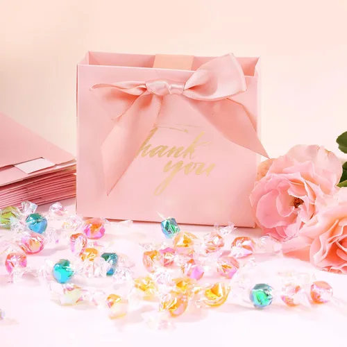Miniatura 6 de Nydotd - 24 bolsas pequeñas de regalo de agradecimiento, mini bolsas de papel para fiesta, cajas de regalo rosas con lazo de cinta, bolsas de regalo