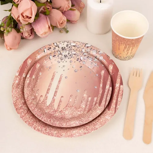Miniatura 5 de Efavormart - Juego de vajilla de papel de goteo de 72 piezas, color oro rosa, platos desechables para cena y postre con tazas a juego para dulces 16