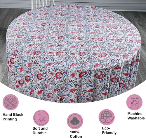 Miniatura 4 de Ridhi Mantel redondo con estampado de bloque a mano, 100% algodón, reutilizable, color rosa flamenco, de 60 pulgadas, mantel decorativo para uso
