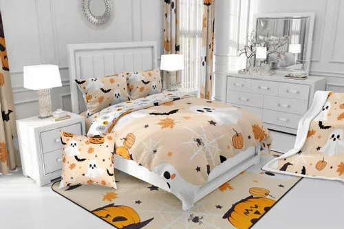 Miniatura 4 de Erosebridal Funda de edredón de calabaza con diseño de murciélagos para Halloween, juego de ropa de cama con sombrero de bruja, funda de edredón