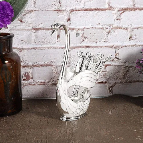 Miniatura 5 de Juego de cucharas de postre de café de metal con soporte, cisne para cucharas, base de cubiertos de frutas, organizador de 6 piezas de helado