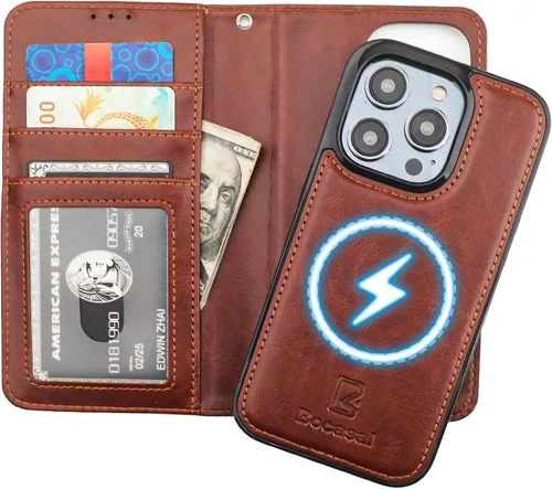 Miniatura 11 de Bocasal Funda tipo cartera desmontable para iPhone 14 Pro con bloqueo RFID, ranuras para tarjetas, soporte magnético de piel sintética de alta Negro