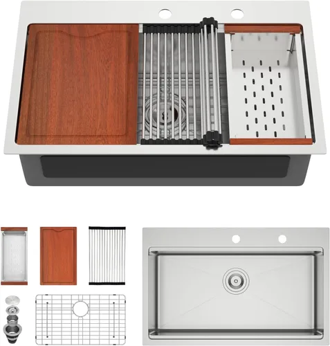 Miniatura 9 de Fregadero de cocina negro de 30"x19", estación de trabajo con revestimiento nano, acero inoxidable 304 calibre 16, hecho a mano, montaje superior
