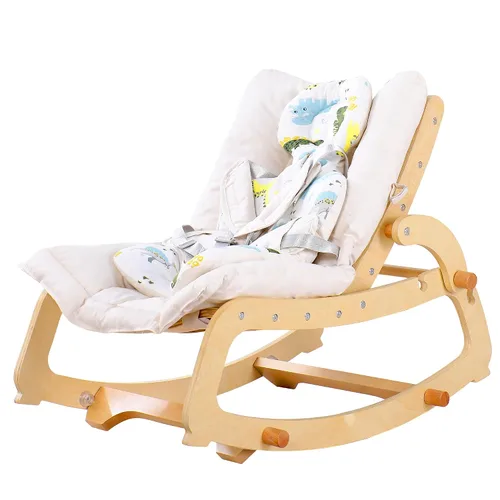 MallBest Silla mecedora 3 en 1 para bebé con cojines dobles, para 0-12 meses, balancín de madera ajustable para bebés con cojín extraíble y arnés de