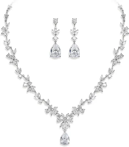 Crysdue Wedding Jewelry Set for Women Floral Necklace Dangle Earrings Bracelet Hair Comb Adjustable Ring Set Cubic Zirconia Elegance Prom Party