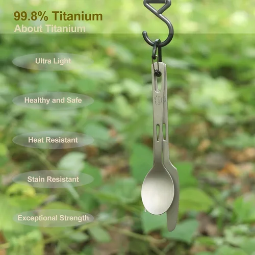 Miniatura 2 de SANTTA Utensilios de campamento de titanio, juego de 3 piezas, cuchara y tenedor, juego de cubiertos con bolsa y mosquetón para acampar al aire