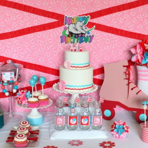 Miniatura 4 de Patín de ruedas Happy Birthday Cake Topper Colorido Rolling Retro Girl Club Hip Hop Tema Fiesta Pastel Decoración Suministros para Niñas