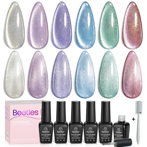 Miniatura 24 de Beetles - Juego de esmaltes de gel azul, esmalte de uñas de gel plateado azul marino oscuro con purpurina, 6 colores, lámpara UV para remojar uñas