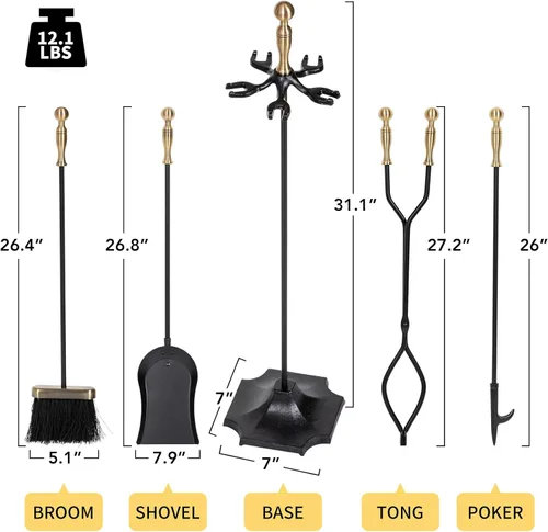 Miniatura 3 de nalone Juego de 5 herramientas para chimenea, asas de latón, accesorios de chimenea de hierro forjado con póquer, pinzas, pala, cepillo