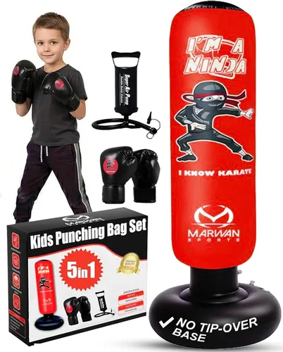 Miniatura 10 de Marwan Sports Ninja Inflatable Punching Bag for Kids 4-12, Indoor Active Play for Sensory Seekers & High-Energy Kids, 63" 5-in-1: Gloves, Manual