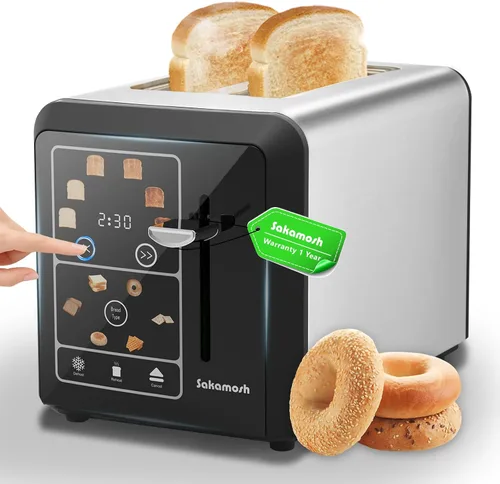 SAKAMOSH Tostadora de pantalla táctil de 2 rebanadas, tostadoras digitales inteligentes, 6 niveles de tostado y 6 tipos de pan, función de memoria