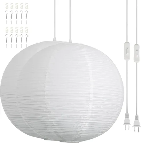 Miniatura 9 de Lámpara colgante de papel con enchufe, lámpara colgante de papel de arroz blanco roto de 20 pulgadas con cable de 19.7 pies de globo grande japonés