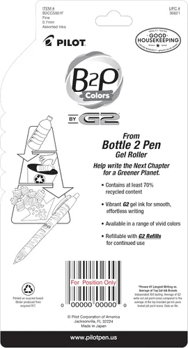 Miniatura 2 de PILOT B2P Colors - Bolígrafo de gel de bola rodante rellenable y retráctil hecho de botellas recicladas, punta fina, tintas G2 de colores surtidos