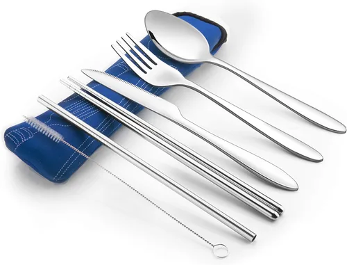 Miniatura 17 de Set de 4 unidades (cuchillo, tenedor, cuchara, palillos) para Viajes/Camping –Cubertería de acero inoxidable con funda de neopreno Juego de 4 piezas
