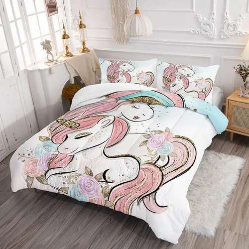 Miniatura 2 de CVHOUSE Juego de ropa de cama de unicornio tamaño individual para niñas y niños - lindo juego de edredón y colcha de unicornio para Navidad, juego
