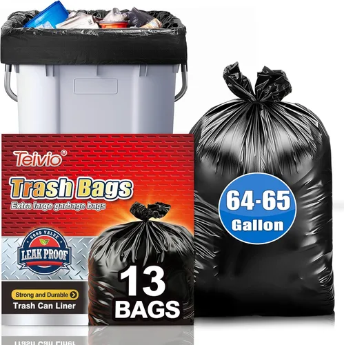 Teivio - Bolsas de basura grandes negras de 64 a 65 galones, 13 unidades, grandes multiusos, se adaptan a contenedores de basura de 60, 62, 63, 64,